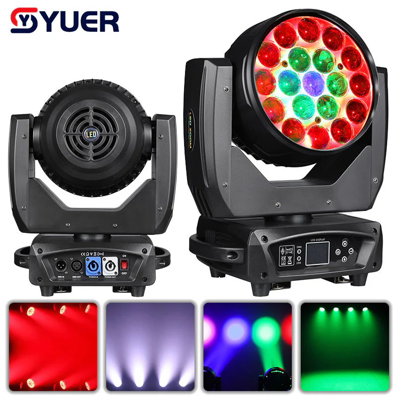YUER™️ 19PCS 15W RGBW 4IN1 Focusing Moving Head Wash Light for Disco Beam Lights DJ Party Stage Lighting Commercial Lights