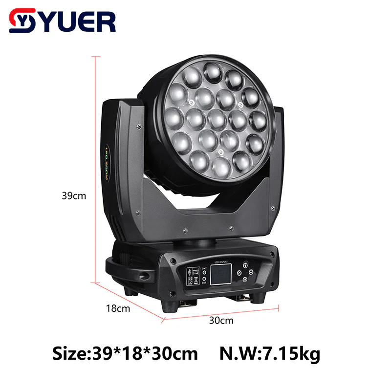 YUER™️ 19PCS 15W RGBW 4IN1 Focusing Moving Head Wash Light for Disco Beam Lights DJ Party Stage Lighting Commercial Lights